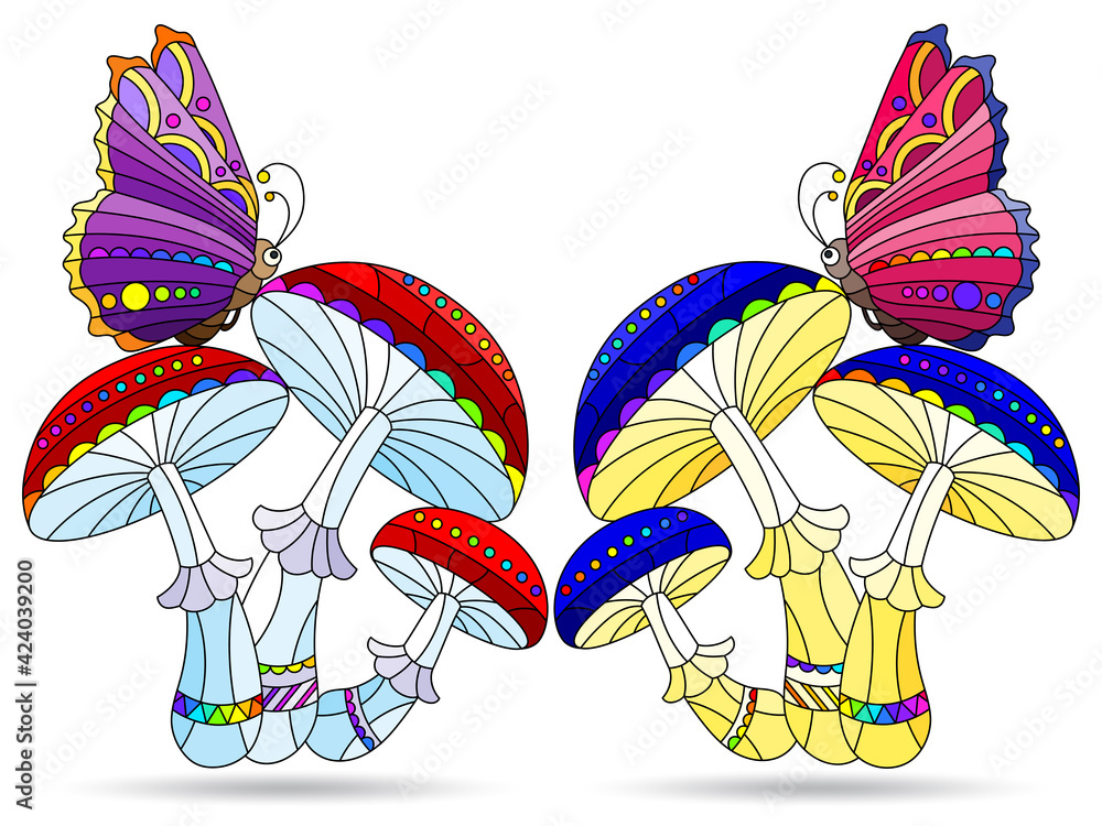 Set of illustrations in the style of stained glass with mushroom compositions and butterflies, mushrooms isolated on a white background