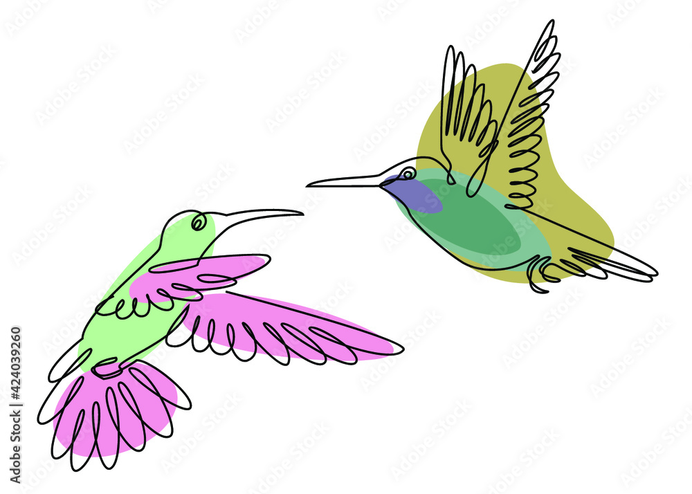 Obraz premium Two hummingbirds are flying. Birds in a modern one line style. Solid line, outline for decor, posters, stickers, logo. Vector illustration.