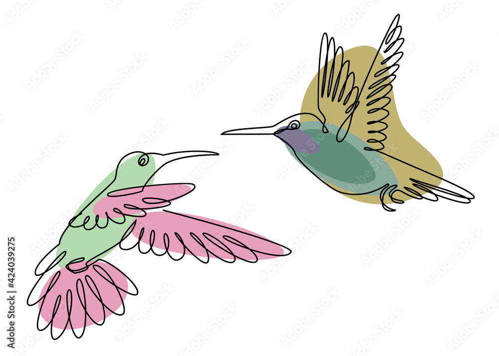 Obraz premium Two hummingbirds are flying. Birds in a modern one line style. Solid line, outline for decor, posters, stickers, logo. Vector illustration.