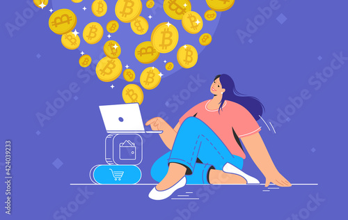 Young woman sitting alone and buying or selling bitcoins on laptop. Flat modern concept vector illustration of people who buying and selling cryptocurrency and mining crypto coins on growing market