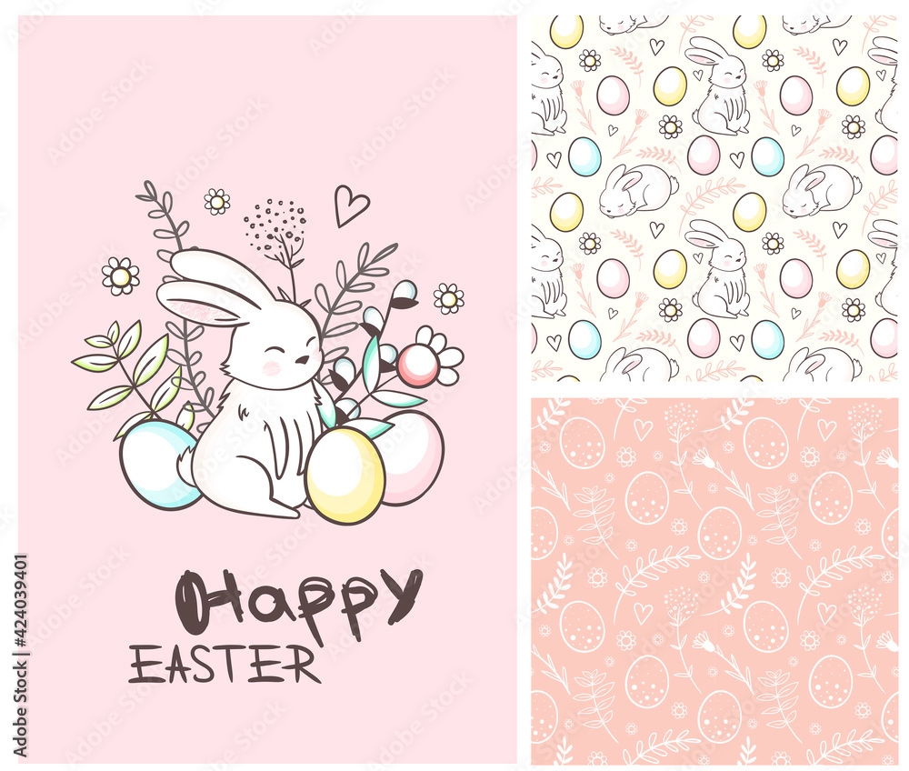 Vector Easter set of patterns and greeting card. Cute Easter bunny. Hand drawn lettering Happy Easter. Eggs, floral elements, hare, spring flowers, willow branches. Cartoon line art illustration. 