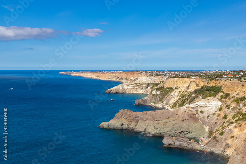 Cape Fiolent in Crimea. Beautiful views of the Black Sea coast at Cape Fiolent in summer. Sea coast with turquoise water and rocks