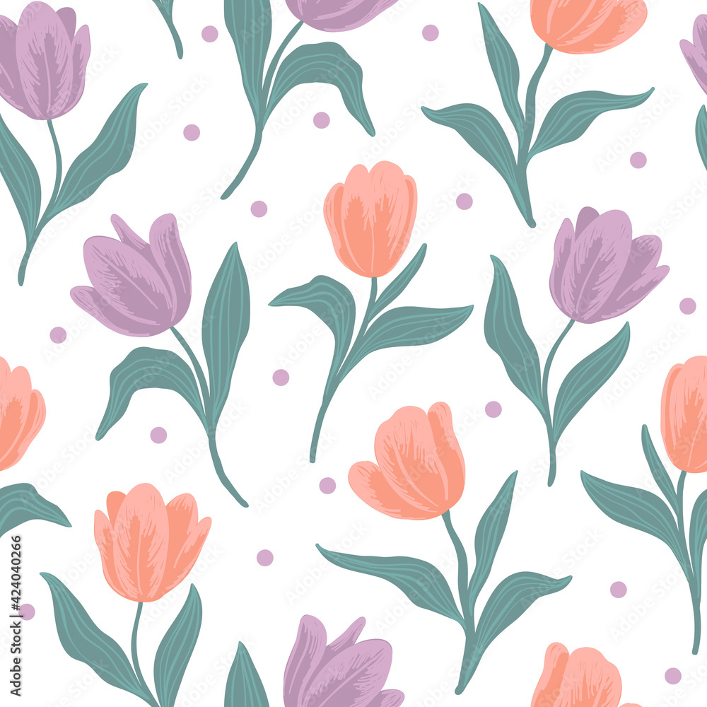 Hand drawn tulips pattern with dots. Tender flowers, elegant style, perfectfor fabric design. Vector textile surface. Hand drawn tulips pattern with dots. Tender flowers, elegant style, perfectfor fabric design. Vector textile surface.