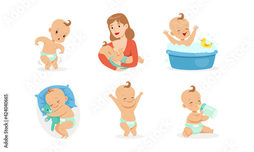 Infant Baby Different Activities Set, Adorable Baby Boys and Girls Playing Toys, Feeding, Bathing and Sleeping Cartoon Vector Illustration