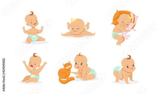 Infant Baby Different Activities Set, Adorable Baby Boys and Girls Playing, Sleeping, Crying, First Year Development Cartoon Vector Illustration