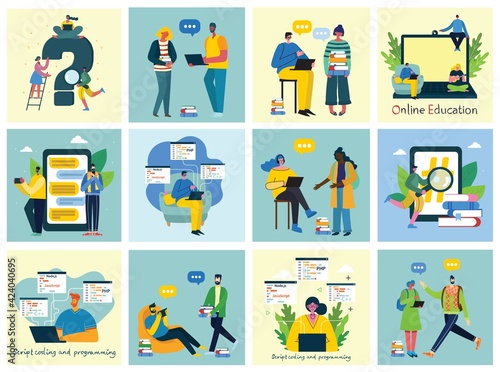 vector set of students with gadgets and books