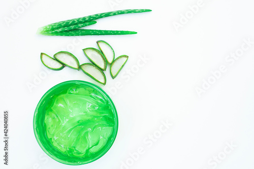 Fresh sliced Aloe Vera leaf isolated on white background, top view