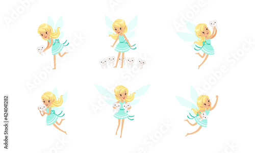 Cute Little Tooth Fairy Set, Charming Blonde Girl with Wings in Blue Dress Holding Kids Tooth Cartoon Vector Illustration