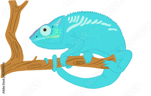 Vector illustration of a bright blue chameleon sitting on a branch on a white background. Flat vector illustration in cartoon style. For postcards  posters  stickers