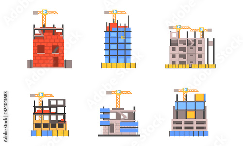 Construction of Modern Buildings Set, Skyscraper and Residential Houses Construction Process Cartoon Vector Illustration
