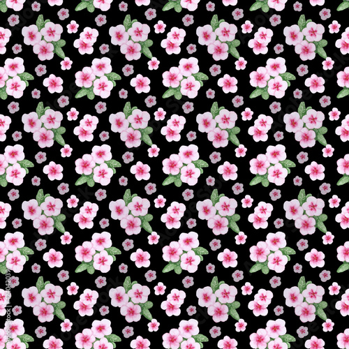  Watercolor seamless pattern with pink catharanthus on black background. Texture for dress, cover, fabric, wrapping paper, notebook, package, wallpaper, scrapbooking. © Инна Карпова