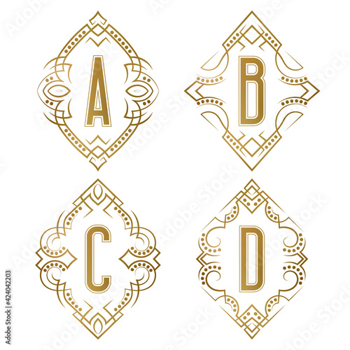 Set of vintage monograms in patterned frames. Retro logos of A  B  C  D golden letters.