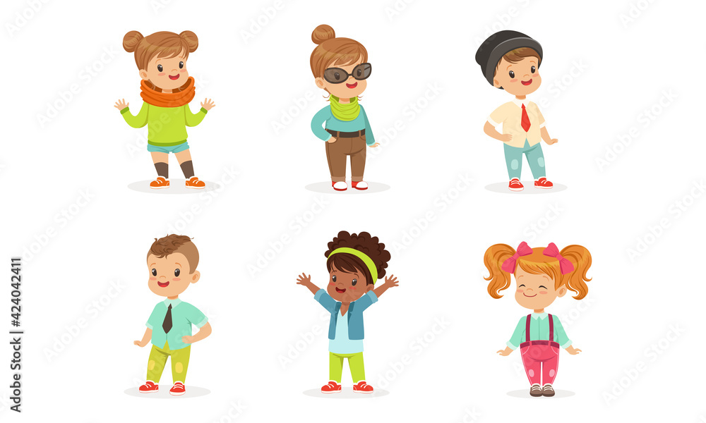 Cute Adorable Kids Set, Happy Preschool Children Dressed Bright Casual Clothes Cartoon Vector Illustration
