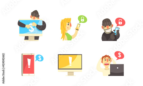 Cyber Security Concept, Hackers Robbing Computers and Smartphones Set, Criminals, Burglars Wearing Black Hats Stealing Personal Information Cartoon Vector Illustration