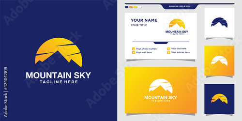 Mountain sky logo design with sun. Elegant logo template and business card design. Premium Vector