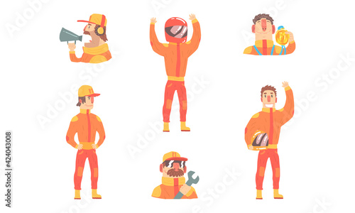 Race Drivers Set, Male Racer Characters Wearing Orange Costume and Helmet Cartoon Vector Illustration