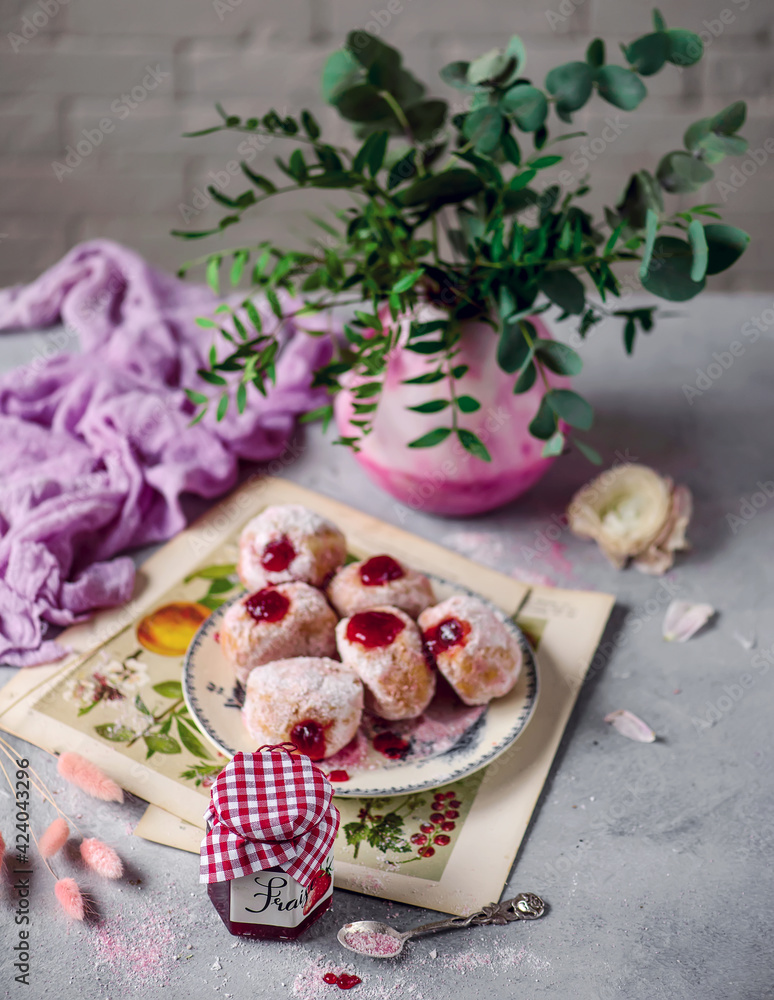 donuts with strawberry jam..selective focus. donuts with strawberry jam..selective focus.