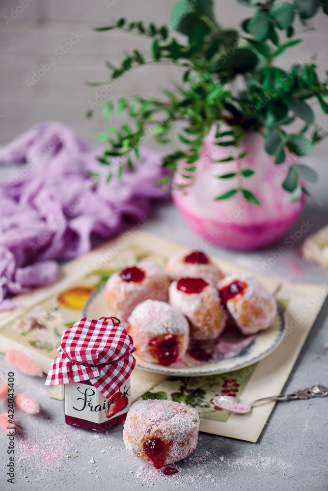 donuts with strawberry jam..selective focus. donuts with strawberry jam..selective focus.