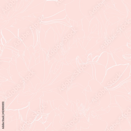 Seamless vintage pattern with pastel colors tulips line silhouette on pink beige background.