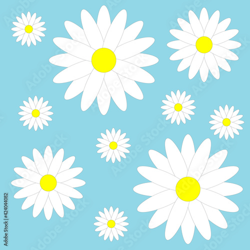 Background of white daisies in cartoon style. Design for kids screensaver, floral pattern for summer covers.