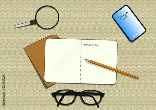 Mesa de trabajo con cuaderno, lápiz, teléfono, lupa y gafas. Imagen cenital.