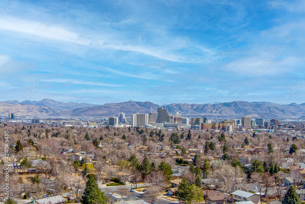 Aerial view of the Reno and Sparks, Nevada cityscape.