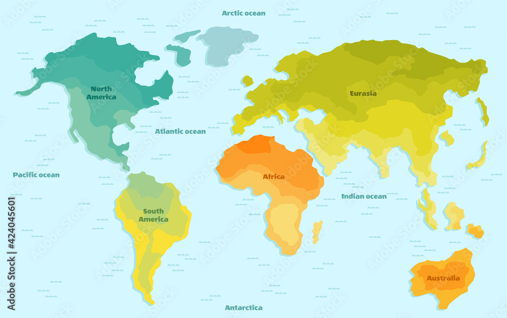  illustration world map for children. Continents America Europe Asia Africa