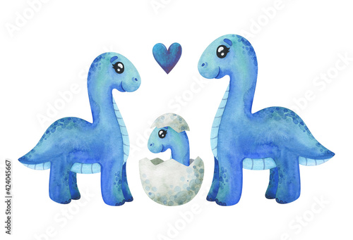 A family of blue diplodocus with a baby in its shell. Children's watercolor illustration on a white background. Dino clipart for decor, stickers, prints with historical animals