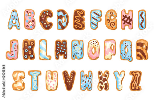 Fototapeta Naklejka Na Ścianę i Meble -  Cartoon cookies font set. Confectioners stylized capital letters collection.  english ABC baking in colored glaze. Creative gingerbread alphabet design. Childhood sweet biscuit and doughnut