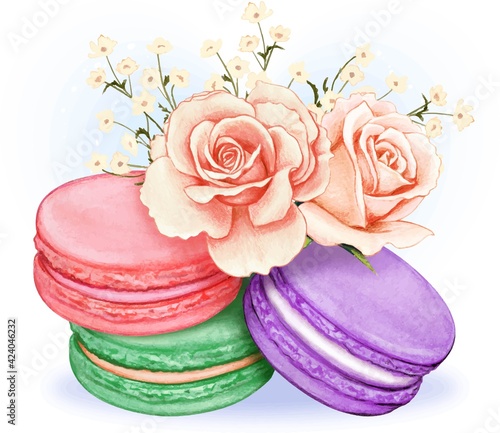 Cute watercolor pastel macarons with pink roses bouquet