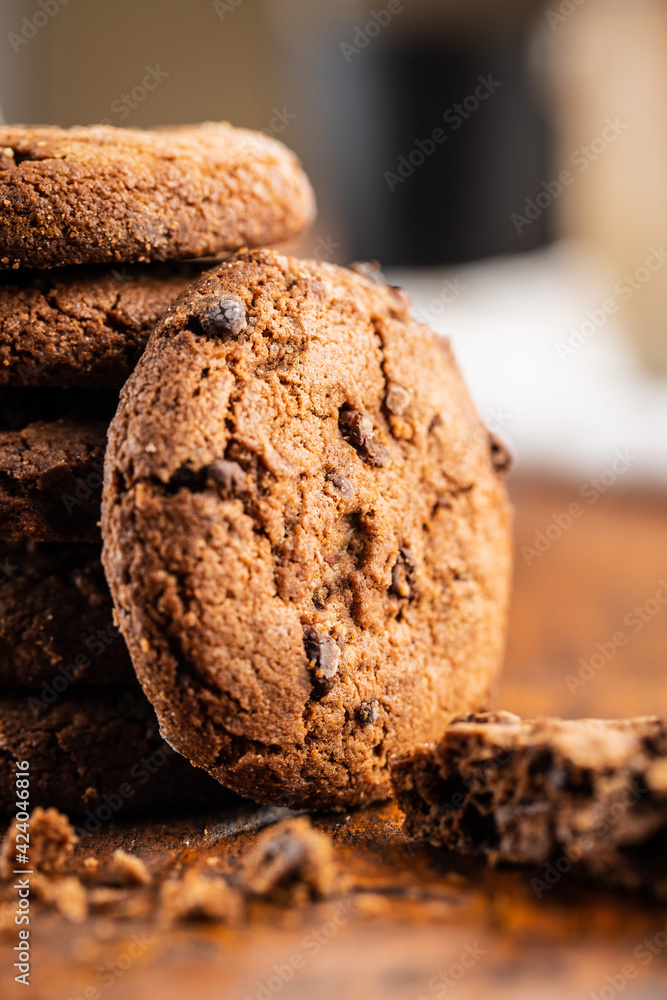 Fototapeta premium Tasty biscuits with chocolate. Sweet chocolate cookies