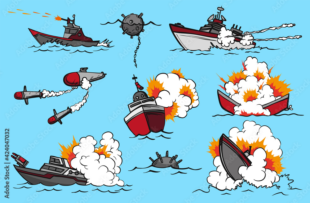 Comic book warships set. Collection of ships that launch missiles or ...