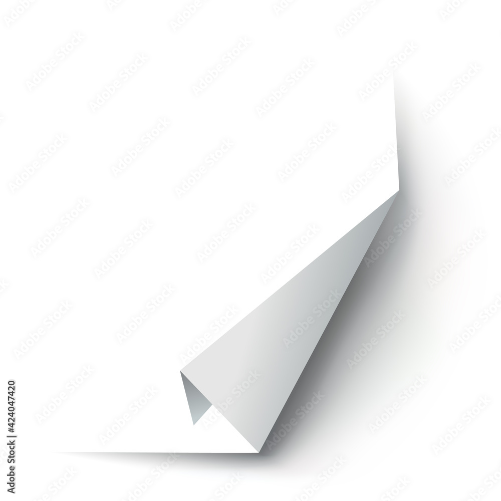 Curled paper corner. Curve page corner, page edge curl and bent paper sheet with realistic shadow. Paper corner fold isolated on white background Curled paper corner. Curve page corner, page edge curl and bent paper sheet with realistic shadow. Paper corner fold isolated on white background