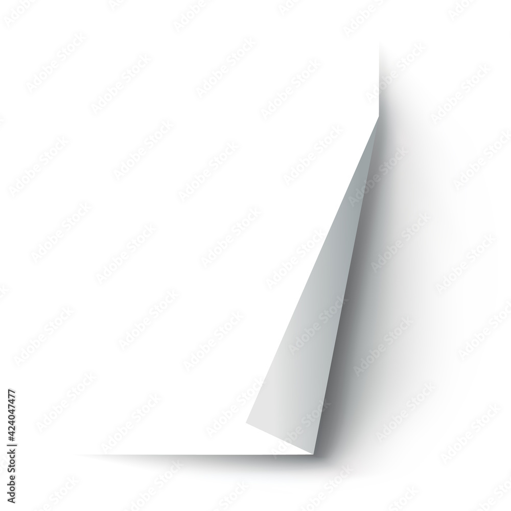 Curled paper corner. Curve page corner, page edge curl and bent paper sheet with realistic shadow. Paper corner fold isolated on white background Curled paper corner. Curve page corner, page edge curl and bent paper sheet with realistic shadow. Paper corner fold isolated on white background