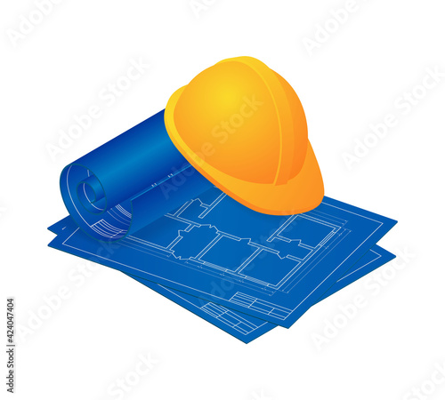Isometric vector illustration blueprint floor plan the house and yellow worker hat isolated on white background. Realistic apartment floor plan blueprint and safety helmet icon in flat cartoon style.