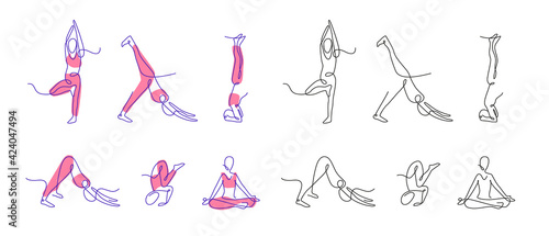 Continuous line art yoga poses. Yoga asana outline.