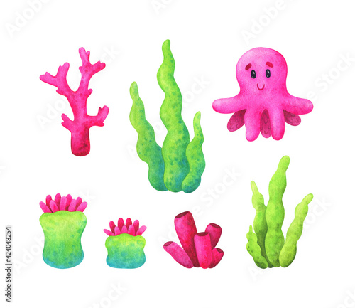 Obraz na plátně Algae, corals, octopus in pink and green colors