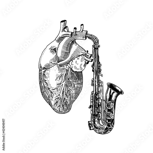 Music of the heart in vintage style. Jazz saxophone. Hand Drawn grunge sketch for tattoo or t-shirt or woodcut. Vintage Vector illustration for blues poster or banner.