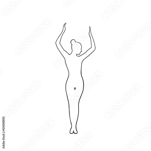 Contour of woman with hands up pose in a linear style. Sketch, outline figures of a woman. The design is suitable for modern decor, paintings, tattoos, prints. Isolated vector