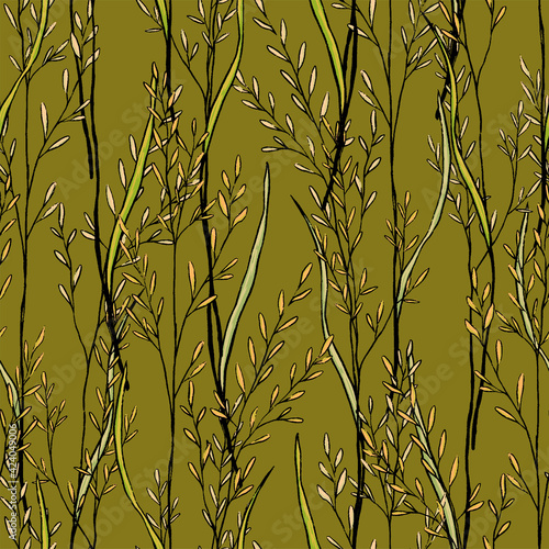 Sketches of field plants. Hand drawn vector seamless pattern. Gentle colorful botanical ornament. Abstract summer design for print, wrap, decor, fabric, textile, background, wallpapers, scrapbooking.