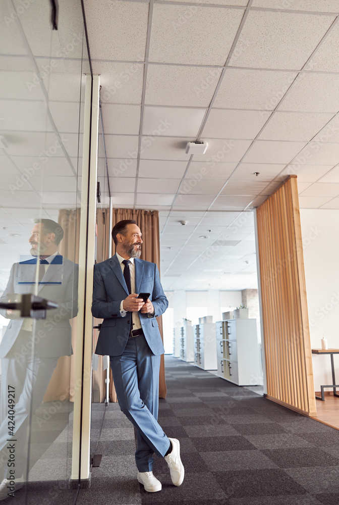 Happy adult caucasian man is working in a modern office