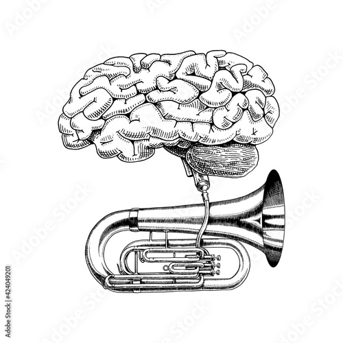 Music and brain in vintage style. Jazz tuba or trumpet. Hand Drawn grunge sketch for tattoo or t-shirt or woodcut. Vintage Vector illustration for blues poster or banner.