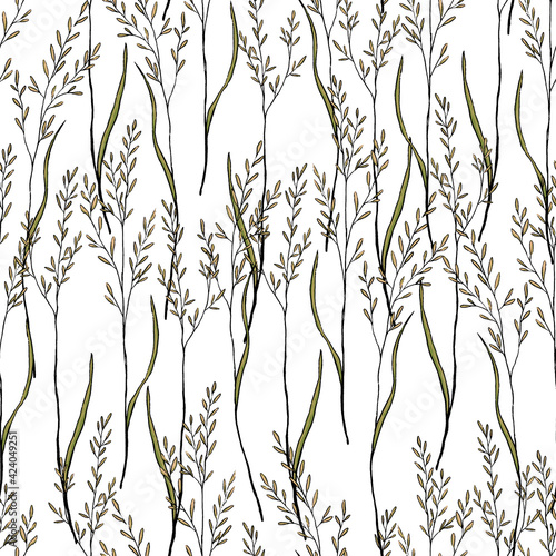 Sketches of field plants. Hand drawn vector seamless pattern. Gentle colored botanical ornament. Abstract summer design for print, wrap, decor, fabric, textile, background, wallpapers, scrapbooking.