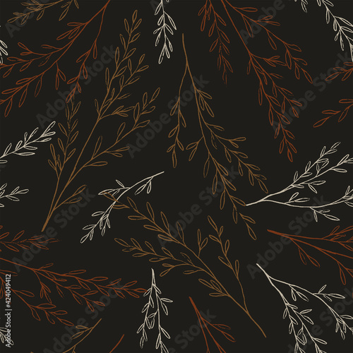 Sketches of field plants. Hand drawn vector seamless pattern. Gentle colorful botanical ornament. Abstract summer design for print, wrap, decor, fabric, textile, background, wallpapers, scrapbooking.