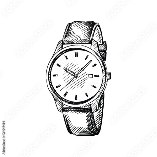 Hand drawn sketch of wrist watches on a white background. Clock. Wall clock. Watches. Alarm. Time.