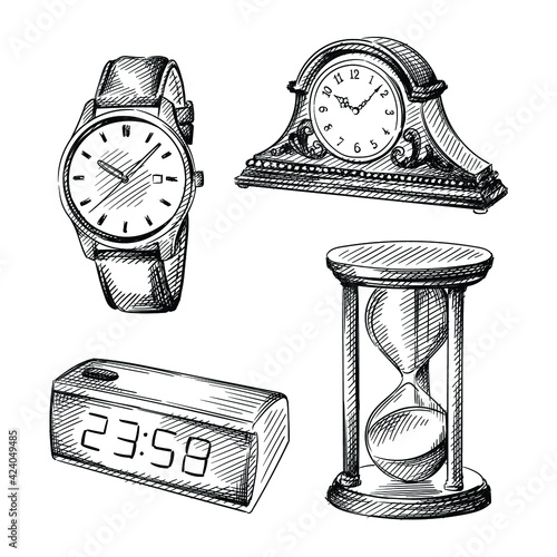 Hand drawn sketch set of Clock. Wall clock. Watches. Alarm. Time. wrist watches, Mantel  Tabletop clock, sandglass, hourglass, digital alarm clock 