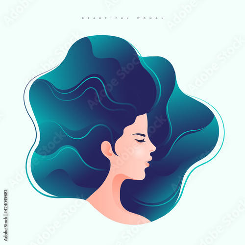 Decent woman side face with turquoise blue hair background, Beautiful girl with modest expression and closed eyes, Vector illustration of female model, Fashion and beauty.