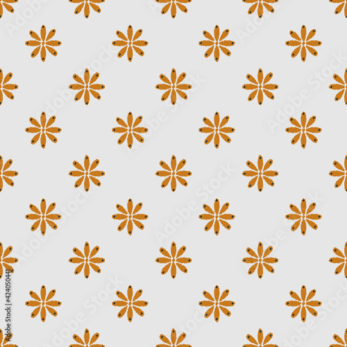 Folk flowers print. Inspired by Russian folk traditional ornament. Imitation of woven Ikat technic. Endless texture on grey background. For textile, wrapping paper, fabric print, bed linen.