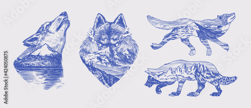 Gray wolf logo and badge. Forest and mountain and hill. Double exposure Concept. A predatory beast. Wild forest animal. Vector Engraved hand drawn Vintage old sketch for tattoo, t-shirt or typography.