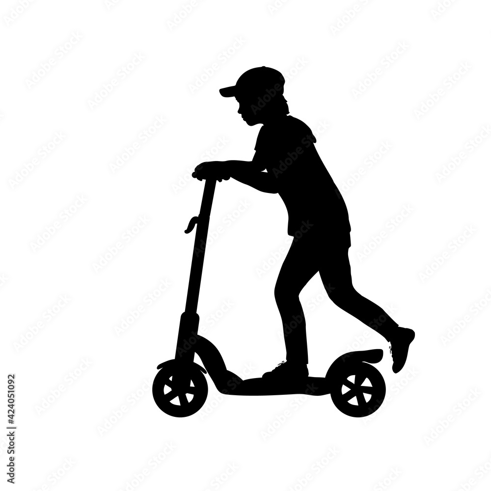 Silhouette teenage boy riding scooter Silhouette teenage boy riding scooter